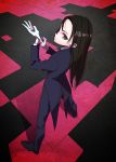  1girl amane_(hunter_x_hunter) ammonio black_hair butler from_above glove_pull gloves highres hunter_x_hunter long_hair looking_at_viewer looking_back looking_up solo white_gloves 