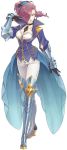  1girl armor artist_request boots breasts choker cleavage flower gloves hair_flower hair_ornament hair_over_one_eye highres knee_boots lipstick makeup maltran_(tales) official_art pants ponytail popped_collar purple_hair short_hair smile solo standing tales_of_(series) tales_of_zestiria violet_eyes waist_cape 