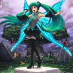  1girl bare_shoulders black_legwear boots butterfly butterfly_wings detached_sleeves flat_chest green_eyes green_hair hatsune_miku headphones high_heel_boots high_heels highres long_hair microphone necktie neon_trim open_mouth ryu_shou singing skirt solo tattoo thigh-highs thigh_boots twintails very_long_hair vocaloid wide_sleeves wings zettai_ryouiki 