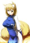  1girl animal_ears backlighting blonde_hair blush breasts dress fox_ears fox_tail large_breasts long_sleeves looking_at_viewer merry_(diameri) no_hat open_mouth solo tabard tail touhou white_dress yakumo_ran yellow_eyes 