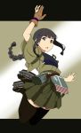 adapted_costume alternate_costume bangs black_hair braid commentary_request highres jumping kantai_collection kitakami_(kantai_collection) letterboxed long_hair multiple_girls pleated_skirt school_uniform serafuku skirt thigh-highs zettai_ryouiki 