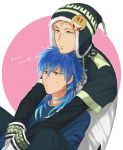  2boys badge blonde_hair blue_hair bridge_piercing button_badge dramatical_murder eyebrow_piercing hat head_rest hug hug_from_behind labret_piercing long_hair mosako multiple_boys noiz_(dramatical_murder) piercing seragaki_aoba 