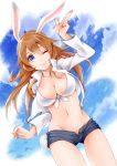  1girl ;) animal_ears blue_eyes blue_sky breasts bunny_tail charlotte_e_yeager cleavage clouds front-tie_top jacket long_hair long_sleeves looking_at_viewer okatsukisei one_eye_closed open_fly orange_hair rabbit_ears short_shorts shorts sky smile solo strike_witches tail unzipped 