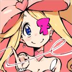  1girl ammonio blonde_hair blue_eyes bow breasts choker cleavage dress drill_hair earrings eyepatch hair_bow harime_nui heart jewelry kill_la_kill long_hair lowres smile solo twintails wrist_cuffs 