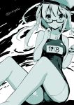  1girl blush breasts character_request glasses highres kantai_collection looking_at_viewer monochrome school_swimsuit solo suidengetsu swimsuit 