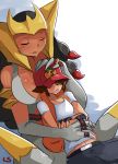  1girl bare_shoulders baseball_cap between_breasts black_hair blush breasts claws closed_eyes couple dark_skin giratina happy hat head_between_breasts height_difference hetero lamia large_breasts lightsource long_hair monster_girl pokemon pokemon_(game) pokemon_dppt sitting sitting_on_lap sitting_on_person size_difference sleeping sleeping_on_person smile vest 