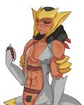  abs bare_shoulders black_sclera blush center_opening dark_skin giratina lightsource male_pubic_hair monster_boy muscle navel pectorals pokemon pokemon_(game) pokemon_dppt pubic_hair solo sweatdrop 