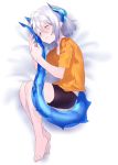  1boy barefoot bike_shorts blush dragon_boy dragon_tail erubo horns lying on_bed original short_hair silver_hair sleeping tail tail_hug trap yuran_(erubo) 