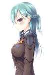  1girl artist_request breasts bust green_hair half_updo hand_on_hip highres kantai_collection long_sleeves lying on_side suzuya_(kantai_collection) uniform violet_eyes 