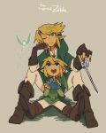  baton black_eyes blonde_hair blue_eyes dual_persona earrings fairy highres instrument jewelry kaneko_sake link navi ocarina ocarina_of_time one_eye_closed pointy_ears sitting smile the_legend_of_zelda toon_link wind_waker 