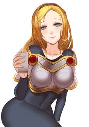  1girl :p armor blonde_hair blue_eyes bodysuit highres league_of_legends liuruoyu8888 long_hair looking_at_viewer luxanna_crownguard self_shot solo tongue tongue_out 