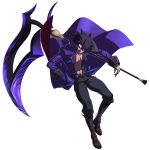  1boy abs black_hair boots dark_skin french-bread glowing glowing_eye gordeau highres huge_weapon jacket knee_boots official_art open_clothes open_jacket scythe solo spiky_hair under_night_in-birth violet_eyes weapon white_background 