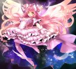  1girl :d blush bow cleavage_cutout dress feathers gloves goddess_madoka hair_bow highres kaname_madoka long_hair mahou_shoujo_madoka_magica open_mouth outstretched_arms pink_hair pink_legwear sakura_ran smile solo spoilers spread_arms two_side_up white_dress wings yellow_eyes 