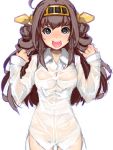  1girl :d blue_eyes blush breasts brown_hair cowboy_shot double_bun headgear kantai_collection kongou_(kantai_collection) long_hair looking_at_viewer mistrail naked_shirt no_panties open_mouth see-through smile solo wet wet_clothes white_background 