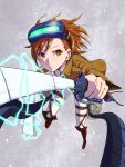  1girl ammonio boots brown_eyes brown_hair electricity head_mounted_display highres misaka_imouto shingeki_no_kyojin short_hair solo sword thigh_strap three-dimensional_maneuver_gear to_aru_kagaku_no_railgun to_aru_majutsu_no_index weapon 