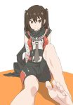  1girl alternate_costume bare_legs barefoot brown_eyes brown_hair elbow_gloves gloves highres kantai_collection looking_at_viewer multiple_girls necktie sendai_(kantai_collection) short_hair sitting smile solo spandex two_side_up 