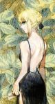  1girl backless_outfit blonde_hair dress fate/stay_night fate_(series) faux_traditional_media highres jisue10 saber side_slit solo 
