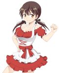  1girl alternate_costume blush breasts brown_eyes brown_hair caryo cleavage clenched_hand collarbone dirndl german_clothes gertrud_barkhorn hand_on_hip long_hair nanashino simple_background smile solo strike_witches twintails white_background 