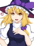  1girl blonde_hair bow hair_bow hat hat_bow heart ishimu kirisame_marisa open_mouth raised_eyebrow solo touhou witch_hat yellow_eyes 