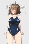  &gt;:( 1girl annoyed blue_eyes blush breasts brown_hair competition_swimsuit hair_ornament highres kantai_collection large_breasts maya_(kantai_collection) one-piece_swimsuit short_hair solo soukou_makura swimsuit 