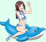  1girl amami_haruka brown_hair green_eyes highres idolmaster inflatable_dolphin midriff navel open_mouth puge sailor_swimsuit_(idolmaster) sandals school_uniform short_hair simple_background smile solo waving 