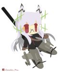  1girl artist_name bird_tail bottomless brown_gloves chameleon_man_(three) chibi flying glasses gloves head_wings heidimarie_w_schnaufer hirschgeweih_antennas long_hair military military_uniform red_eyes silver_hair simple_background solo strike_witches striker_unit tail uniform white_background 