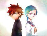  1boy 1girl ammonio aqua_hair back-to-back brown_hair eureka eureka_seven eureka_seven_(series) gakuran hair_ornament hairclip looking_at_viewer renton_thurston school_uniform serafuku short_hair violet_eyes 