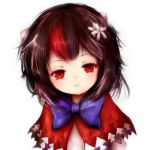  1girl absurdres amanojaku black_hair bow flower hair_flower hair_ornament highres horns kijin_seija looking_at_viewer messy_hair multicolored_hair parted_lips portrait pov pov_eye_contact red_eyes redhead short_hair simple_background solo streaked_hair touhou white_background white_hair 