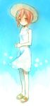  1girl dress hat nichijou red_eyes redhead sandals short_hair simple_background smile solo straw_hat sundress tachibana_misato tagme white_dress 