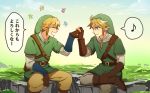  blonde_hair blue_eyes dual_persona earrings gloves hat hibanareo jewelry link musical_note pointy_ears skyward_sword smile the_legend_of_zelda twilight_princess 