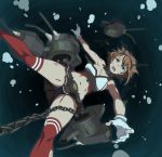  1girl bare_shoulders breasts brown_hair chain cleavage defeat gloves green_eyes headband headgear highres kantai_collection large_breasts midriff miniskirt mutsu_(kantai_collection) navel open_mouth puge red_legwear short_hair sinking skirt solo thigh-highs torn_clothes torn_gloves turret underwater white_gloves 