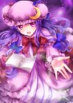  1girl blush book bow crescent_hair_ornament double_bun hair_bow hair_ornament hat long_hair looking_at_viewer open_mouth outstretched_hand patchouli_knowledge purple_hair sakura_ran solo sparkle touhou violet_eyes 