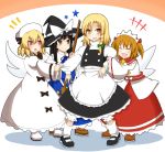  4girls :d :o ^_^ apron ascot black_hair blonde_hair bobby_socks boots bow bowtie braid broom brown_eyes closed_eyes dress drill_hair fairy_wings fenikkusu_takahashi hair_bow hat hat_removed headwear_removed headwear_switch hug kirisame_marisa loafers luna_child mary_janes multiple_girls nervous nervous_smile open_mouth orange_hair red_eyes shoes single_braid sleeve_tug smile socks star_sapphire sunny_milk sweatdrop touhou turtleneck two_side_up waist_apron wings witch_hat yellow_eyes 