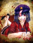  1girl blood blood_from_mouth blood_on_face blood_splatter blue_hair clenched_teeth collared_shirt crossed_legs fingernails hat kitakaze_setsuna legs_up long_fingernails lying miyako_yoshika ofuda on_stomach open_collar red_eyes red_fingernails shoes short_hair skirt smile solo star stitches teeth touhou 