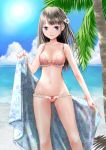  1girl bikini black_hair blue_eyes female kouzuki_yui lace-trimmed_bikini long_hair lowleg lowleg_bikini original solo standing swimsuit towel 