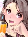 1girl blush brown_hair chin_rest collarbone cup earrings face happy_birthday idolmaster jewelry minase_iori mistrail open_mouth solo violet_eyes 