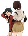  2girls ^_^ black_hair brown_hair closed_eyes flat_chest_grab hita_(hitapita) hyuuga_(kantai_collection) japanese_clothes kantai_collection long_sleeves mogami_(kantai_collection) multiple_girls neckerchief open_mouth ribbon-trimmed_sleeves ribbon_trim school_uniform serafuku short_hair short_sleeves skirt smile 