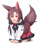  1girl :d all_fours animal_ears brown_hair dress fang highres imaizumi_kagerou long_hair nogisaka_kushio open_mouth red_eyes smile tail touhou transparent_background wolf_ears wolf_tail 