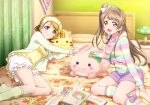  :3 bed highres koizumi_hanayo love_live!_school_idol_project minami_kotori striped striped_legwear stuffed_animal stuffed_toy 