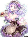 1girl apron breasts cake cleavage cup dress food frontier_town hairband heart lavender_eyes lavender_hair lolita_fashion lolita_hairband maid_apron original outstretched_hand psychic_hearts tray waitress 