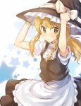  1girl apron arms_up blonde_hair bow braid frills hair_bow hair_ornament hat hat_ribbon highres kirisame_marisa long_hair looking_at_viewer puffy_sleeves ribbon shinova shirt short_sleeves side_braid simple_background single_braid skirt skirt_set solo star starry_background touhou turtleneck vest waist_apron white_background witch_hat yellow_eyes 