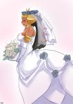  1girl armlet bare_shoulders black_hair black_sclera blush bouquet breasts bridal_veil closed_eyes dark_skin dress elbow_gloves flower flower_wreath giratina gloves highres lamia large_breasts lightsource long_hair monster_girl pokemon pokemon_(game) pokemon_dppt smile solo veil wedding_dress white_dress white_gloves 