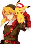  1boy belt blonde_hair blue_eyes earrings gloves hat jewelry link noaki on_shoulder pikachu pokemon pokemon_(creature) smile super_smash_bros. the_legend_of_zelda twilight_princess 