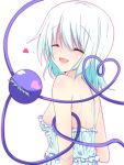  1girl asn_s back bare_shoulders breasts bust chemise closed_eyes heart heart_of_string komeiji_koishi off_shoulder open_mouth sideboob silver_hair smile solo strap_slip third_eye touhou underwear underwear_only 