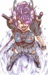  1girl angry aura bleeding blood blood_from_mouth blood_in_mouth blood_on_face bloody_clothes boots breasts clenched_hand constricted_pupils eyepatch fingerless_gloves full_body gloves holding_sword injury kantai_collection messy_hair perspective purple_hair screaming short_hair simple_background skirt solo sword tagme tenryuu_(kantai_collection) thigh-highs torinitea torn_clothes turret weapon white_background yellow_eyes zettai_ryouiki 