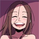  1girl ammonio bare_shoulders blush brown_hair closed_eyes grin hair_between_eyes long_hair lowres open_mouth original simple_background smile 