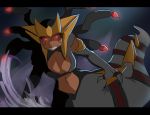  1girl black_sclera breasts cleavage crazy_eyes giratina lamia large_breasts lightsource monster_girl pokemon pokemon_(game) pokemon_dppt red_eyes solo 