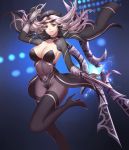  1girl bandages black_legwear blade boots breasts brown_eyes cleavage hat high_heels highres irelia large_breasts league_of_legends liuruoyu8888 long_hair looking_at_viewer navel silver_hair smile solo sunglasses thigh-highs thigh_boots 