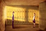  1boy 1girl ammonio bag brown_hair hallway locker original pleated_skirt satchel school school_uniform serafuku skirt twintails 