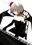  1girl alternate_costume alternate_hair_color bat_wings black_dress black_gloves chair choker closed_eyes dress fami_(yellow_skies) flower gloves grey_hair hair_flower hair_ornament highres instrument no_hat no_headwear parted_lips petals piano playing_instrument playing_piano remilia_scarlet ribbon short_hair simple_background sitting smile solo strapless_dress touhou white_background wings 